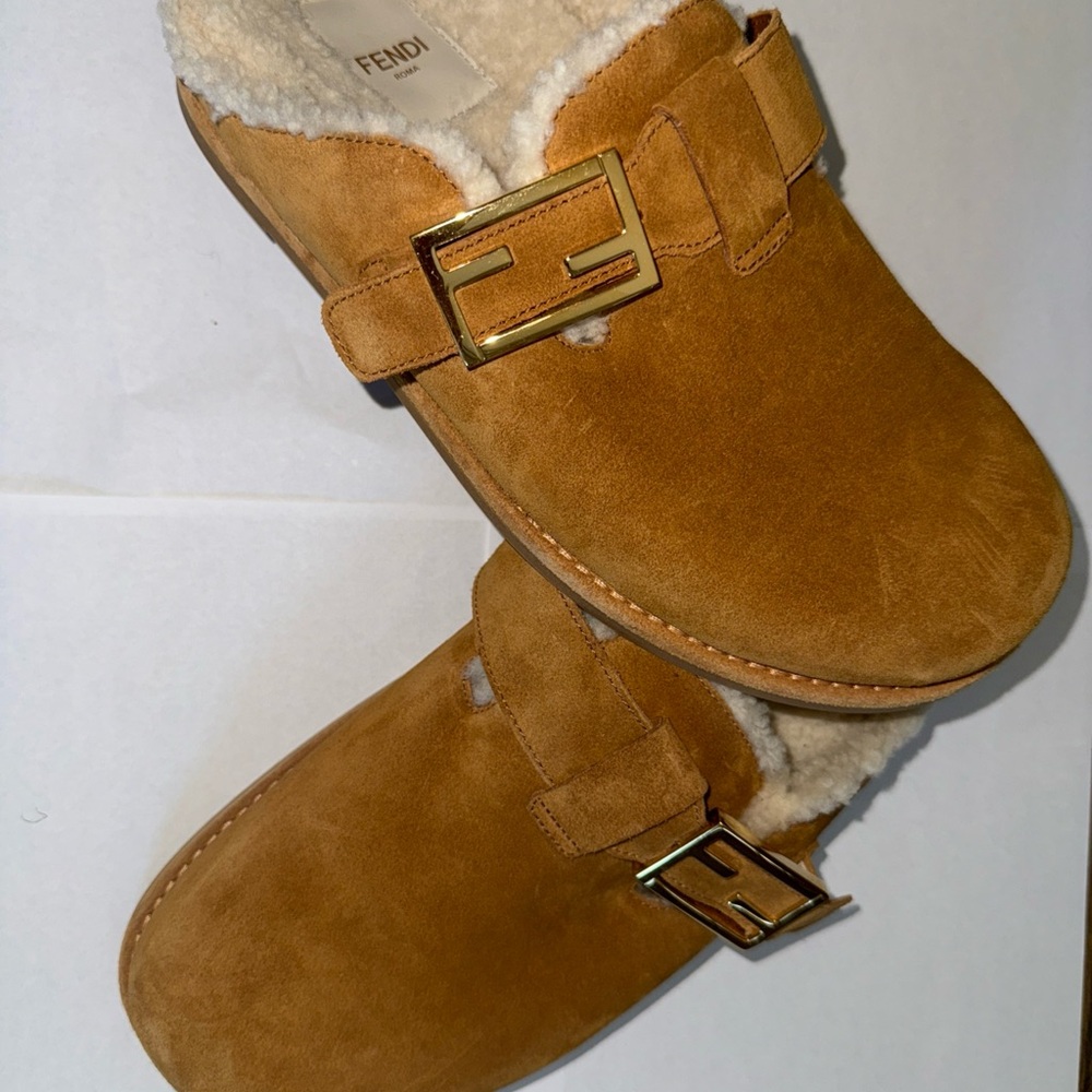 Fendi Brown Suede Shearling Lined Mules - Picture 11 of 15
